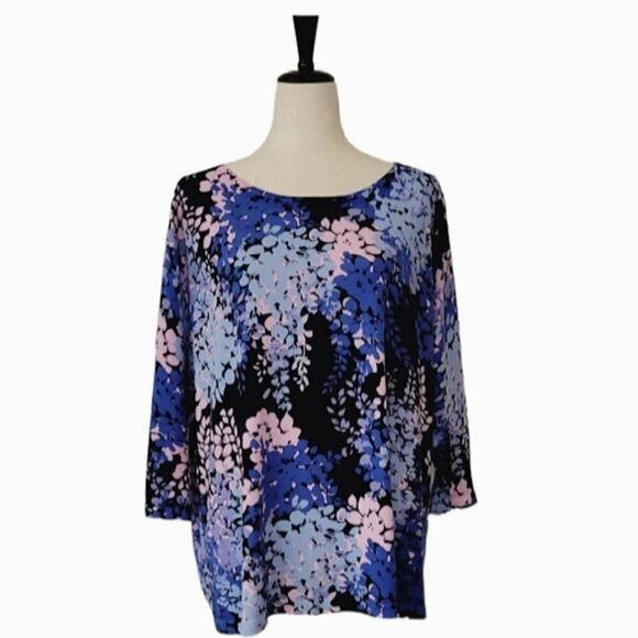 Talbots Blue Floral Bateau Neck Back Button 3/4 Sleeve Sweater Size 3X Petite - Picture 1 of 7